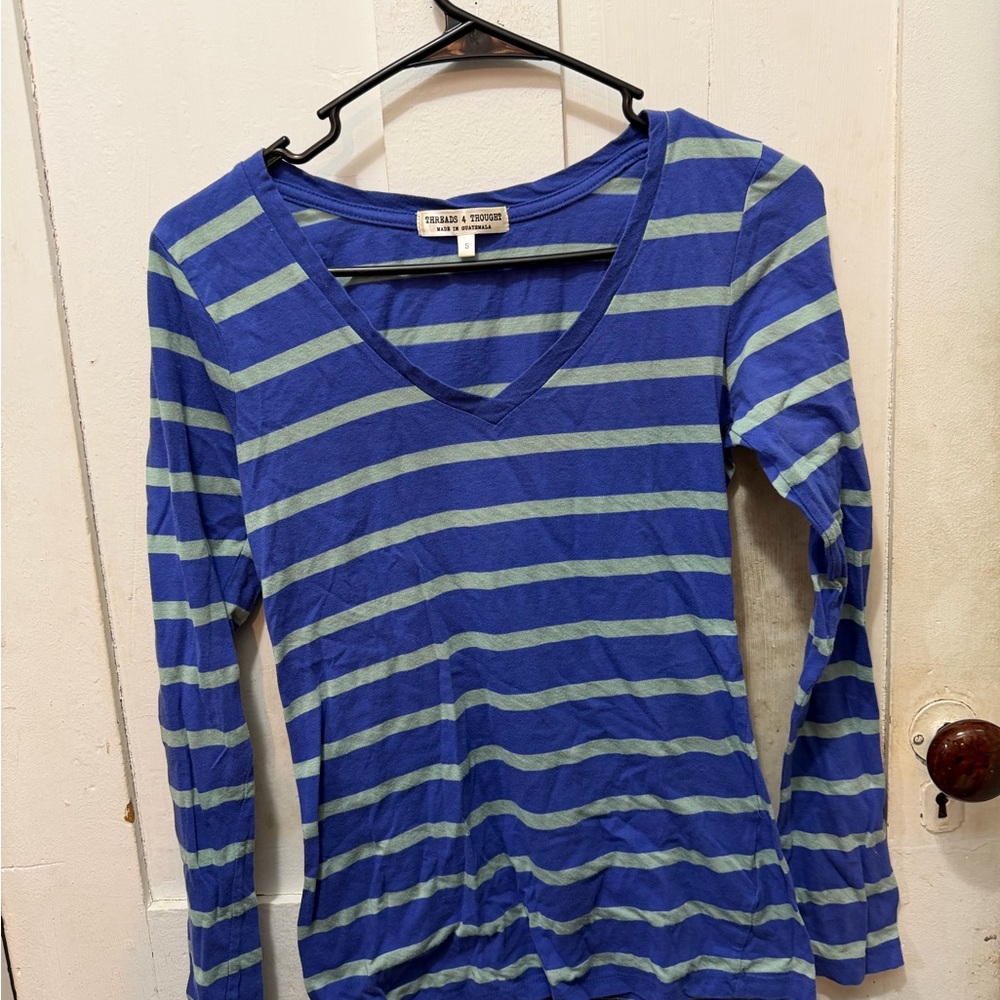 Threads 4 Thought Blue and Green Striped Long Sleeve Top